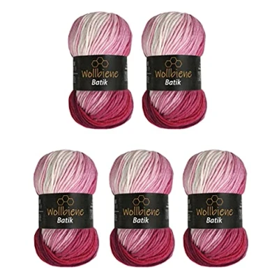 Abbildung von 5 x 100g Wollbiene Batik 500 Gramm Wolle mit Farbverlauf mehrfarbig Multicolor Strickwolle Häkelwolle (5300N beere weiß)
