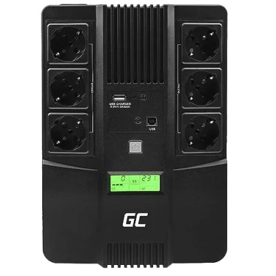 Abbildung von Green Cell® UPS USV Unterbrechungsfreie Stromversorgung 600VA (360W) mit Überspannungsschutz 230V Line Interactive Spannungsregelung AVR Anlage USB/RJ45 6X Schuko Ausgänge LCD Bildschirm