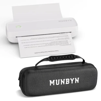 Abbildung von MUNBYN Mobiler Drucker Bluetooth Thermodrucker A4 203DPI Inkless Printer Kompatibel mit Android &amp; iOS für Handy Laptop, Tragbarer Aufbewahrungstasche, ITP04, Weiß