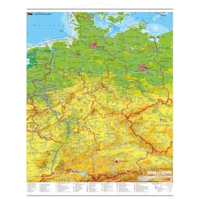 Abbildung von Deutschland physisch mit UNESCO Welterbestätten und Nationalparks Wandkarte Metallbeleistung NEUE AUFLAGE