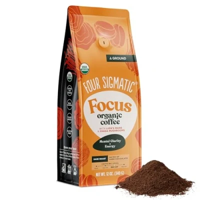 Abbildung von Organic Mushroom Ground Coffee by Four Sigmatic Dark Roast, Fair Trade Gourmet with Lion&#039;s Mane, Chaga &amp; Powder Immune Boosting for Focus Support 12oz Bag