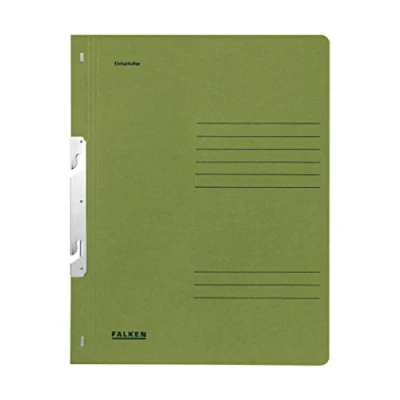 Abbildung von Original Falken 50er Pack Einhakhefter. Made in Germany. Aus Recycling Karton mit ganzem Vorderdeckel und Behördenheftung für DIN A4 grün Hefter Sammelmappe Dokumentenmappe