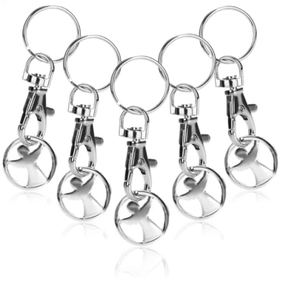 Abbildung von com four® 5x Schlüsselanhänger aus Metall mit Karabinerhaken und Einkaufswagenchip, abnehmbarer Einkaufschip als Glücksbringer für den Schlüsselbund (05 Stück Engel)
