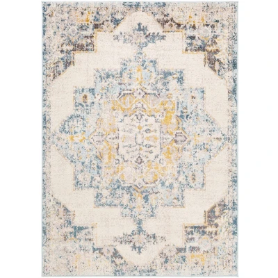 Abbildung von Surya Orlando Vintage Teppich groß Wohnzimmer 160x213cm, Esszimmer, Schlafzimmer Orientalischer Boho Style Carpet Living Room, Bunter Muster, Blau, Senfgelb und Beige