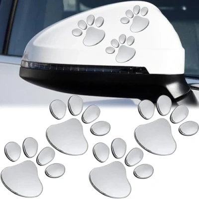 Abbildung von MINGZE 4 Stück 3D Chrom Hund Pfote Fußabdruck Auto Aufkleber, Autozubehör Pfotenabdruck Emblem Aufkleber Dekoration Abzeichen (Silber)