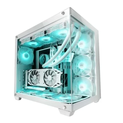 Abbildung von Mars Gaming MCV4 Weiß, Custom XXL E ATX Tower, Rahmenloses Front und Seitenfenster Gehärtetem Glas, Modularer Doppelkammerrahmen