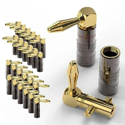 Abbildung von FosPower 24 Premium Rechtwinklige Bananenstecker für Lautsprecherkabel Vergoldete Anschlüsse/Doppel Fixierschrauben HiFi, Lautsprecher, Lautsprecherkabel, Verstärker,