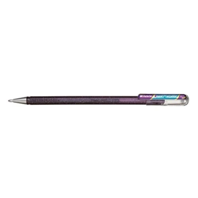Abbildung von Pentel K110 DVX Dual Metallic Hybrid Gelroller, Glitzer Gel, 1 Stück, lila/blau 2 verschiedene Farb Effekte auf hellem/dunklem Papier violett+metallic blau