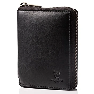 Abbildung von MATADOR Geldbörse Portmonee Geldbeutel Herren Leder mit YKK Metall Reißverschluss Portemonnaie Geldtasche Kartenetui Brieftasche RFID Blocker und Geschenk Box Kartenportmonai Schwarz