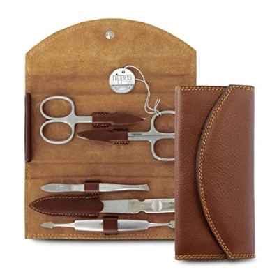 Abbildung von nippes Solingen Classic Premium Maniküre Set, 5 teilig, Echtes Rindsleder Nageletui, braun, Edelstahl nickel &amp; rostfrei, Nagelpflege Made in Solingen/Germany