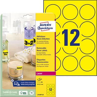 Abbildung von AVERY Zweckform L7670Y 25 runde leuchtend neongelbe Etiketten (300 Afukleber, Ø63,5mm auf A4, selbstklebend, bedruckbar, wiederablösbar, farbige Klebeetiketten zum auffälligen Kennzeichnen) Blatt