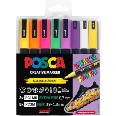 Abbildung von uni ball 186828 POSCA Marker Set Sneaker Stifte, 8er Etui, deckend auf dunklen Oberflächen