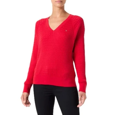 Abbildung von Tommy Hilfiger Damen Pullover Cable Sweater mit V Ausschnitt, Blau (Desert Sky), L