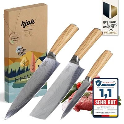Abbildung von kjøk Premium Messerset mit Damast Muster und Olivenholzgriff Härte 58±2 HRC hochwertiges Messer Set Nakiri in Japan Style, Profi Chefmesser Gemüsemesser Asia Küchenmesser