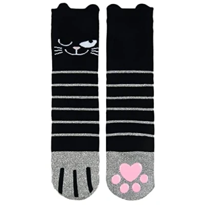 Abbildung von moses. Damen Ed, The Cat Glitzersocken mit Anti Rutsch Sohle, Stoppersocken in süßer Katzen Optik Socken, Schwarz, Silber, Rosa, 36 42