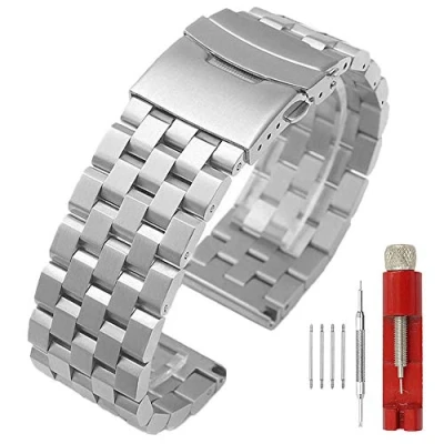Abbildung von Kai Tian 20mm Armbanduhr Silber Prämie Matt 5 Reihen Doppelschlösser Edelstahl Uhrenarmband Ersatz Metall Uhrenband für Damen Herren Band Armband