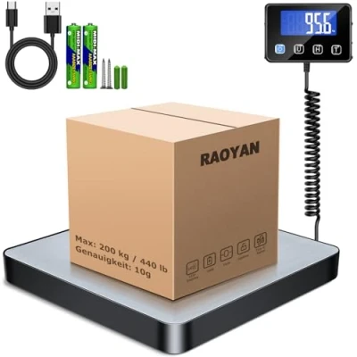 Abbildung von RAOYAN Paketwaage, 200kg/10g Hochpräzise Digitale Plattformwaage mit Halte/Tara Funktion, Postwaage Wandmontiertem LCD Display für Pakete/Lager/Gepäck