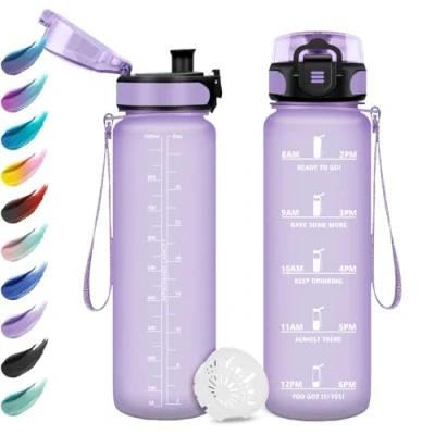 Abbildung von Trinkflasche 1L, Wasserflasche Sport mit Filte, Auslaufsicher Kohlensäure Geeignet, Motivierende Zeitmarkierung, Sportflasche für Yoga, Schule, Camping, Fahrrad, Büro