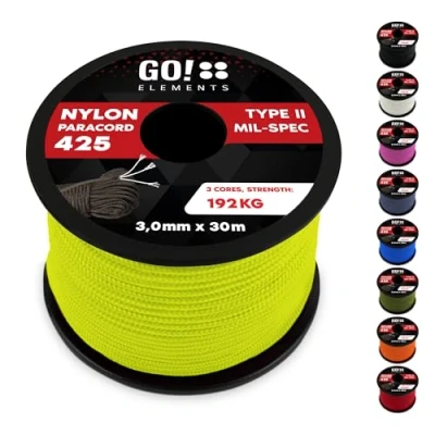 Abbildung von GO!elements 30m Paracord Seil aus reißfestem Nylon 3mm 425 Typ II max. 192kg Schnüre als Outdoor Seil, Allzweckseil, Survival Armband, Hundeleine, Nylonschnur, Farbe:Neon