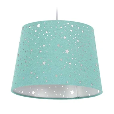 Abbildung von Relaxdays Children&#039;s Hanging Lamp with Stars Kinderzimmerlampe Sterne, hängende Schirmlampe, Jungen &amp; Mädchen, Sternenhimmel, E27, runder Stoffschirm, Mint, 70% Eisen 20% Leinen 10% Kunststoff
