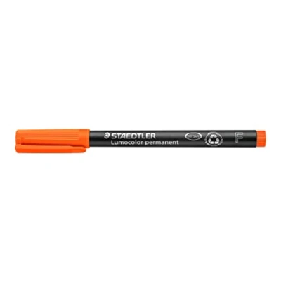 Abbildung von STAEDTLER permanent Marker Lumocolor, orange, F Spitze Linienbreite ca. 0,6 mm, wisch und wasserfest, Made in Germany, lange Lebensdauer, 10 orange Universalstifte im Kartonetui, 318 4