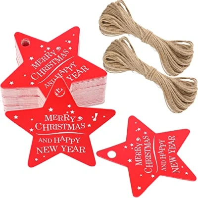 Abbildung von G2PLUS Rot Merry Christmas Anhänger Stern, Geschenkanhänger Weihnachten 100 Stk Etiketten Stern für weihnachten, 6CM Sternen Anhaenger Papier zum Adventskalender und Weihnachtsgeschenke