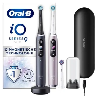 Abbildung von Oral B iO 9 wiederaufladbare elektrische Zahnbürsten, schwarzer und rosa Griff, Bluetooth mit revolutionärer Magnettechnologie, 3 Aufsteckbürsten, 1 Reiseetui