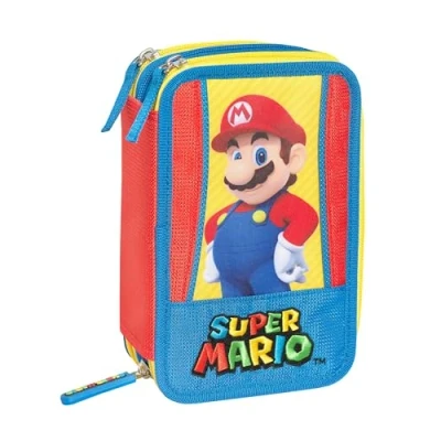 Abbildung von Super Mario Federmäppchen für die Schule, offizielles Federmäppchen, 3 Fächer, Jungen und Mädchen, mit Schreibwarenset, löschbarer Stift in Blau Frixion praktischem Reißverschluss, 20