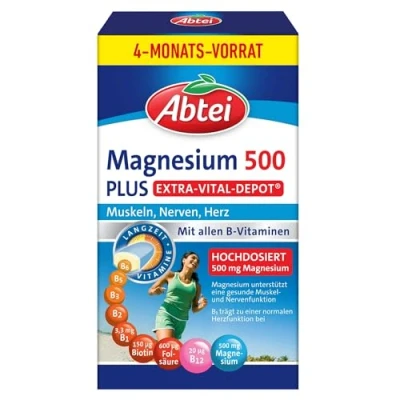 Abbildung von Abtei Magnesium 500 Plus Extra Vital Depot Zur Unterstützung von Muskeln, Nerven, Herz Mit 500mg Glutenfrei, Laktosefrei, Vegan Vorratspackung 126 Tabletten für 4 Monate