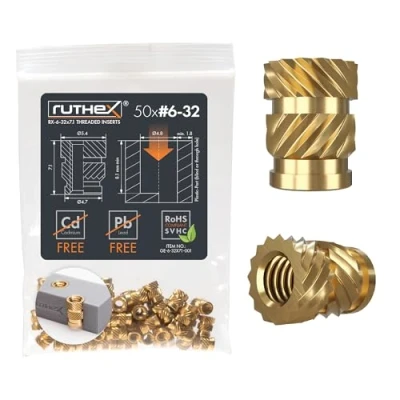 Abbildung von ruthex Gewindeeinsatz #6 32 UNC 50 Stk. RX 6 32x7.1 BLEIFREIE Gewindebuchse aus Messing stabile Einpressmutter zum Einschmelzen einer Gewindehülse in 3D Druck Teile Kunststoff