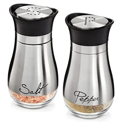 Abbildung von Salz und Pfefferstreuer Set aus Glas Edelstahl mit Aufschrift Salt, Pepper, je 118 ml