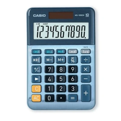 Abbildung von Casio Tischrechner MS 100EM 10 stellig Währungsumrechnung Cost/Sell/Margin Aluminiumfront Solar /Batteriebetrieb