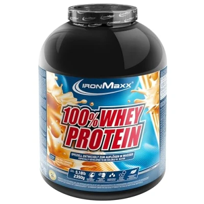 Abbildung von IronMaxx 100% Whey Protein Pulver Salted Caramel 2,35kg Dose zuckerreduziertes, wasserlösliches Eiweißpulver aus Molkenprotein viele verschiedene Geschmacksrichtungen