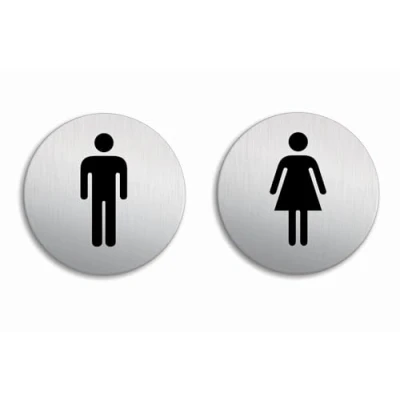 Abbildung von WC Toilettenschilder Damen Herren Schild 2er Set Ø 100 mm Aluminium Edelstahloptik selbstklebend