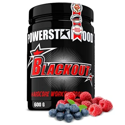 Abbildung von Powerstar BLACKOUT Hardcore Pre Workout Booster 600g Hochdosierter Pump mit natürlichem Koffein Fitness, Energie &amp; Fokus Deutsche Herstellung Vegan Blue Raspberry Trainingsbooster