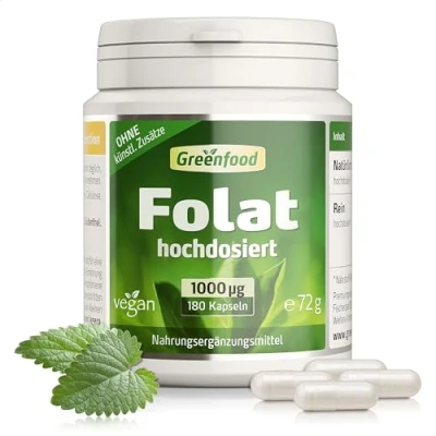 Abbildung von Greenfood Folat, 1000 µg, extra hochdosiert, 180 Kapseln, vegan für Zellwachstum, bei Kinderwunsch und Schwangerschaft. Ohne künstliche Zusätze. Gentechnik. Vegi Kapseln.