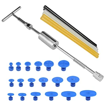 Abbildung von 25 Stück Paintless KFZ Dellen Reparaturset,Reparatur Set mit Dent Puller Slide Hammer T Bar Gleithammer,18 Removal Pulling Tabs + 6 Hot Glue Sticks für Auto Körper Hagel Damage Remover