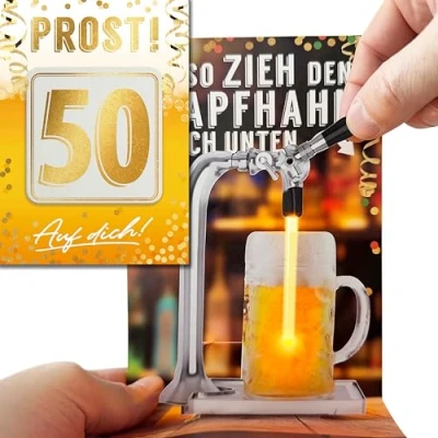 Abbildung von bentino 3D PopUp Geburtstagskarte zum Bierzapfen, spektakulärer Effekt mit beweglichem Zapfhahn, Karte 50. Geburtstag