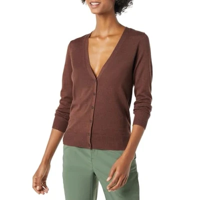 Abbildung von Amazon Essentials Damen Leichter Cardigan mit V Ausschnitt (in Übergröße erhältlich), Dunkles Kastanienbraun Meliert, XXL