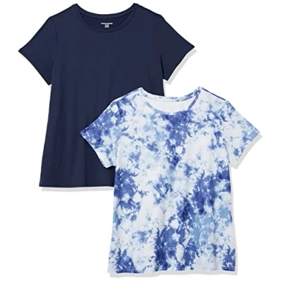 Abbildung von Amazon Essentials Damen Active Quick Dry Tech Stretch Kurzarm T Shirt mit Rundhalsausschnitt (in Übergröße erhältlich), 2er Pack, Marineblau/Weiß Batik, XXL Große Größen