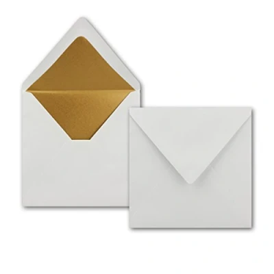 Abbildung von 25 Quadratische Brief Umschläge 16,5 x cm in Weiß mit goldenem Seidenfutter Nassklebung Kuverts 120g/m² NEUSER PAPIER