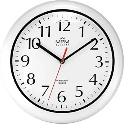 Abbildung von MPM Quality Design Badezimmer Wanduhr aus Kunstoff und Mineralglas, Quarz Sweep, 3 5 ATM Wasserdicht, Weiß/Schwarz, Ø 305 mm, geeignet auch für Außenbereich als Badezimmeruhr, Pooluhr, Küchenuhr