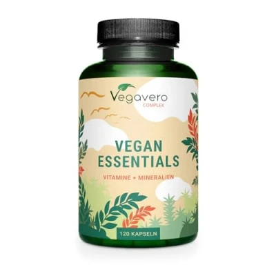 Abbildung von Vegan Essentials Vitaminkomplex Vitamine A, B12, B2, D3 + K2, Folat, Eisen, Selen, Jod, Calcium Hochdosiert und Bioverfügbar Laborgeprüft Ohne Zusatzstoffe Deutsche Produktion von VEGAVERO®