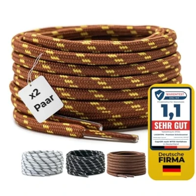 Abbildung von LaceHype 2 Paar Premium Runde Schnürsenkel [ Ø4,5 mm ] Polyester für Arbeitsschuhe, Stiefel, Outdoorschuhe und Sportschuhe reißfeste Schuhbänder (Braun/Gelb, 150cm)