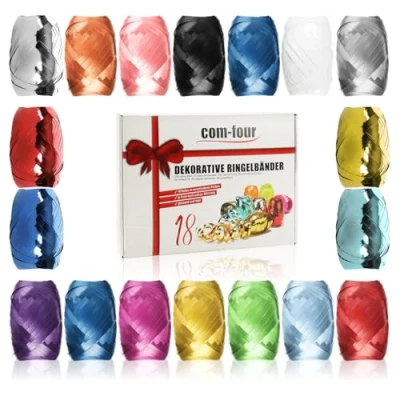 Abbildung von com four® 18x Ringelband in bunten Farben 20 m je Rolle tolles Set Geschenkbänder Geschenkverpackung zum Basteln und Verpacken Polyband für Schleifen saisonale Deko (Dekorativ)