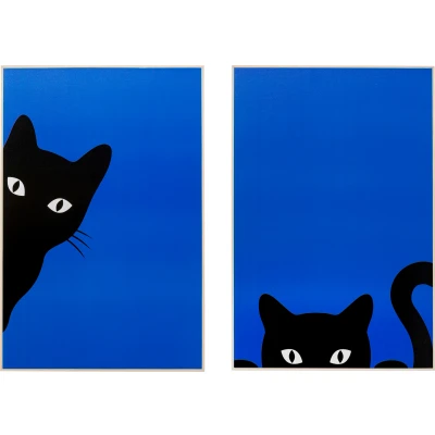 Abbildung von Kare Design Wandbild Ciao Gatto, Blau/Schwarz, 2er Set, Rechteckig, Gerahmt, Bilddruck, Abstrakte Kunst, Pop Art, Wandbild, Modernes Design, Schlafzimmer, Wohnzimmer, 40x30 cm (H/B)