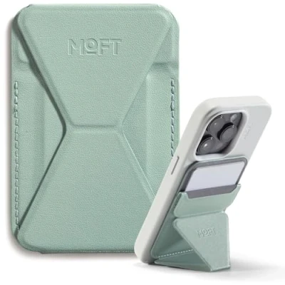 Abbildung von MOFT MagSafe Wallet Ständer für iPhone 16/15/14/13/12 Serie Kompatibel mit MagSafe, MOVAS Vegan Leder Magnetischer Handyständer 3 Betrachtungswinkeln, 2 Kartenhalter (Seafoam)
