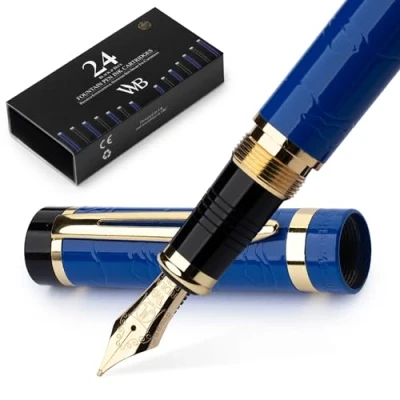Abbildung von Wordsworth &amp; Black Primori Füllfederhalter Set [Blau Gold]; Mittlere Feder, Geschenketui, 24 Tintenpatronen, Nachfüll Konverter, Tagebucheintrag, Kalligrafie; Links und Rechtshänder