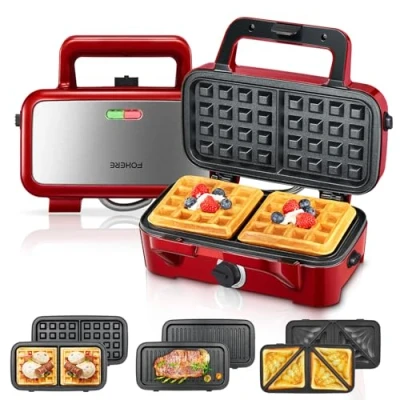 Abbildung von Sandwichmaker 3 in 1, 1200W Waffeleisen/Kontaktgrill/Sandwichtoaster, 5 Gang Temperaturregelung, Antihaftbeschichter Plattensets, Wärmeisoliertem Griff, Spülmaschinengeeignet, LED Leuchten, Rot