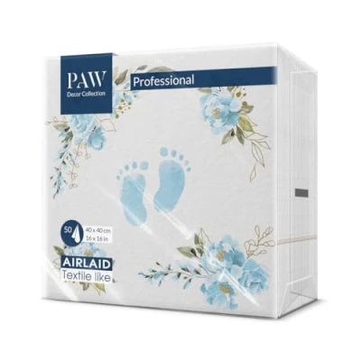 Abbildung von PAW Servietten aus Airlaid Stoffähnlich (40 x 40 cm) I 50 Stück Ideal für Geburtstag, Taufe, Kommunion, Babyparty Hochwertige Tischdeko Stoffservietten Blaue Füße Baby Feet light pink